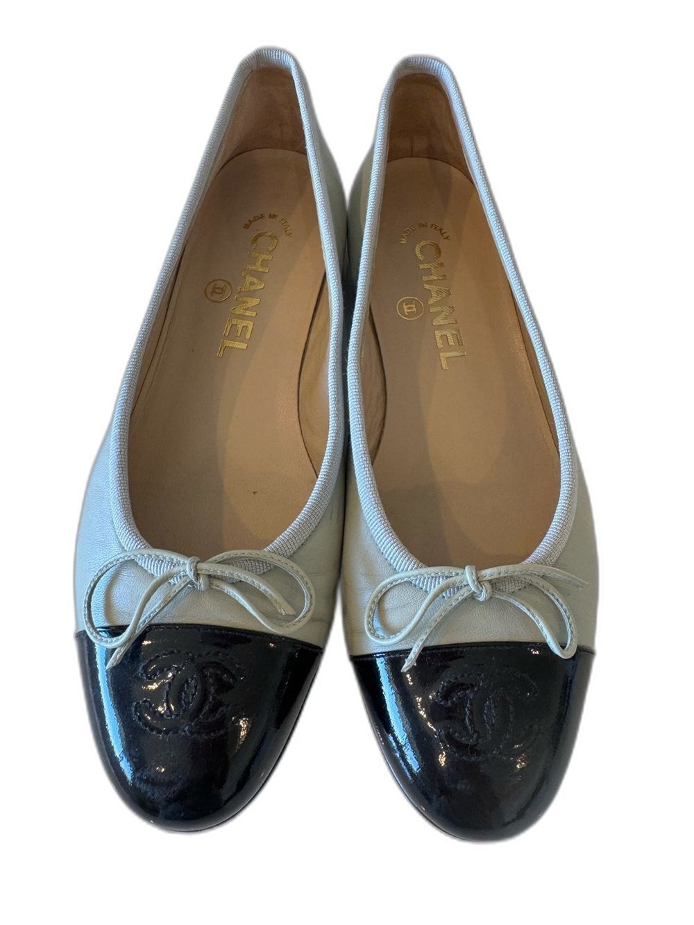 Chanel EU 36.5 Vintage CC Logo Mint Green Patent Black Toe Classic Flats Shoes